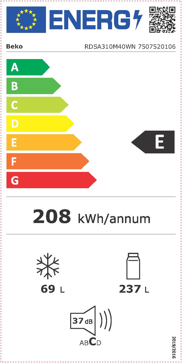 Réfrigérateur 2 portes BEKO RDSA310M40WN 175 cm
